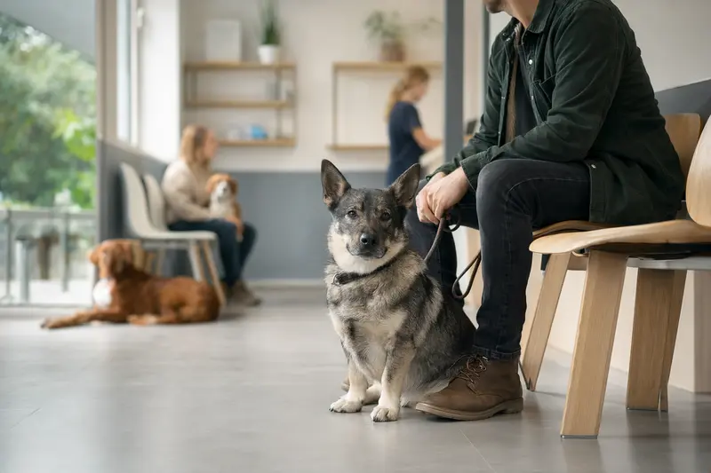 Ein Jämthund sitzt ruhig neben seinem Besitzer im hellen Wartezimmer einer modernen Tierarztpraxis.